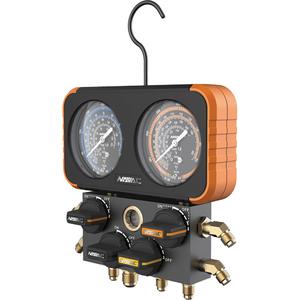 Impact-Resistant Four-Valve Manifold Gauge with 4 Hoses - 3-1/8", 500 - 800 psi, Bottom Mount, Analogue, Manifold Gauge; (4) 5' Hose Set, R-22, R-410A,R-134a, R-404A, 1/4" Red, 1/4" Blue, 1/4" Yellow