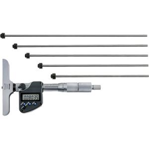 Digital Depth Micrometer with Interchangeable Rod - 0" - 12" (0 mm - 304.8 mm), 0.00005" (0.001 mm), (1) Micrometer; (12) Rods; (1) Carrying Case, 0.001" (0.01 mm), LCD, SR44, 938882