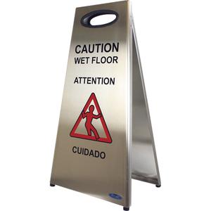 "Wet Floor" Sign - 14-3/8", Trilingual With Pictogram, Stainless Steel, Upright, Caution, 13"