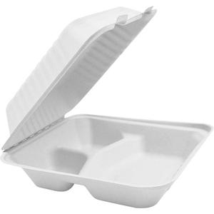 Compostable Hinged Food Containers with Compartments - Square, Bagasse, White, 3