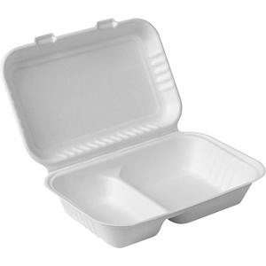 Compostable Hinged Food Containers with Compartments - Rectangular, Bagasse, White, 2