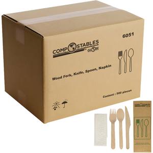 Wood Cutlery Set in Paper Bag - Fork; Knife; Spoon; Napkin, 6.5"