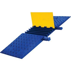 Yellow Jacket® Heavy Duty ADA/DDA Cable Protector - 5, 18", 50", 1.875", 1.34", 1.325", 10,500 lbs. (5.25 tons), 21,000 lbs. (10.5 tons), Yellow Lid, Blue Ramps, Dog Bone