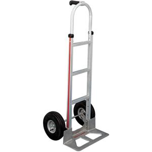 Knocked Down Hand Truck - Single Grip, Aluminum, 18" W x 7-1/2" D, Pneumatic, 10" H x 3" W, 500 lbs., 52", 21", Silver
