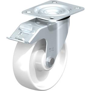 White Caster - 5" (127 mm), 275 lbs. (125 kg.), Polyamide, Swivel with Brake, Steel, 1-15/32" (37 mm), 2-5/8" - 3" (67 mm x 76 mm) - 3" - 3-5/8" (76 mm - 92 mm), 3/8" (9.52 mm)