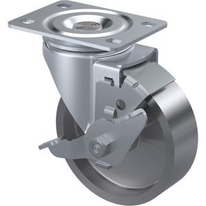 General Purpose Caster - 4" (101.6 mm), 300 lbs. (136 kg.), Steel, Swivel with Brake, Steel, 1-1/4" (31.75 mm), 1-3/4" x 2-7/8" (44 mm x 73 mm), 5/16" (7.93 mm), 2-3/4" x 3-3/4" (70 mm x 95 mm), Steel