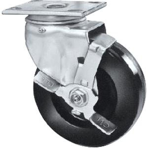 Heavy-Duty EMaxx Kingpin Caster - 4" (101.6 mm), 1000 lbs. (453.6 kg.), Cast Iron, Swivel with Brake, Steel, 2" (50.8 mm), 2-5/8" - 3" (67 mm x 76 mm) - 3" - 3-5/8" (76 mm - 92 mm), 3/8" (9.52 mm), 4" x 4-1/2" (102 mm x 114 mm)
