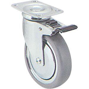 Zinc Plated Caster - 4" (101.6 mm), 200 lbs. (91 kg.), Polyolefin, Swivel with Brake, Steel, 1-1/4" (31.75 mm), 3" x 1-3/4" (76 mm x 44 mm), 5/16" (7.93 mm), 2-3/4" x 3-3/4" (70 mm x 95 mm), 5.25"