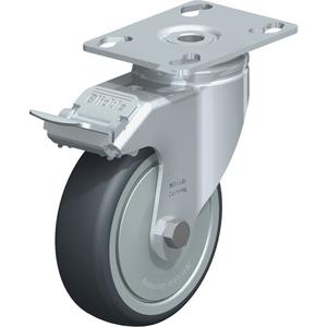 Caster - 4" (101.6 mm), 200 lbs. (91 kg.), Thermoplastic Rubber, Swivel with Brake, Steel, 1-1/4" (31.75 mm), 2-3/4" x 1-3/4" (70 mm x 44 mm), 5/16" (7.93 mm), 2-1/2" x 3-1/2" (64 mm x 89 mm), Ball, 5.25"