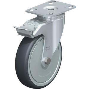 Caster - 5" (127 mm), 220 lbs. (100 kg.), Thermoplastic Rubber, Swivel with Brake, Steel, 1-1/4" (31.75 mm), 2-3/4" x 1-3/4" (70 mm x 44 mm), 5/16" (7.93 mm), 2-1/2" x 3-1/2" (64 mm x 89 mm), Ball, 6.25"