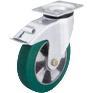 Softhane® Medium Duty Casters - 5" (127 mm), 550 lbs. (249.5 kg.), Polyurethane, Swivel with Brake, Steel, 1-9/16" (40 mm), 3-5/32" x 2-3/8" (80 mm x 60 mm), 11/32" (9 mm)