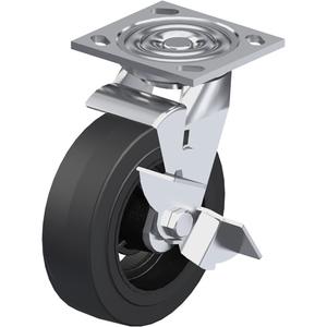 Caster - 6" (152.4 mm), 500 lbs. (227 kg.), Mold-on Rubber, Swivel with Brake, Steel, 7/8" (22 mm), 2-5/8" x 3-5/8" (67 mm x 92 mm), 3/8" (9.52 mm), 4" x 4-1/2" (102 mm x 114 mm), 2 5/8" x 3 5/8"