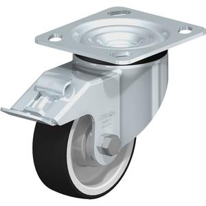 Heavy-Duty Kingpinless Caster - 4" (101.6 mm), 660 lbs. (300 kg.), Thermoplastic Polyurethane, Swivel with Brake, Steel, 1-3/8" (35 mm), 2-5/8" x 3-5/8" (67 mm x 92 mm) to 3" x 3" (76 mm x 76 mm), 3/8" (9.52 mm)