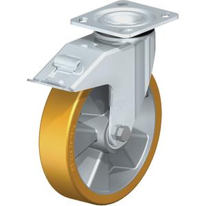 Heavy-Duty Kingpinless Caster - 8" (203.2 mm), 1250 lbs. (567 kg.), Polyurethane, Swivel with Brake, Steel, 2" (50.8 mm), 2-5/8" x 3-5/8" (67 mm x 92 mm) to 3" x 3" (76 mm x 76 mm), 3/8" (9.52 mm), 4" x 4-1/2" (102 mm x 114 mm)