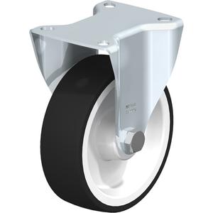 Caster - 5" (127 mm), 600 lbs. (272 kg.), Polyurethane, Rigid, Steel, 1-9/16" (40 mm), 3-1/8" x 2-3/8" (80 mm x 60 mm), 3/8" (9.52 mm), 3-15/16" x 3-3/8" (100 mm x 85 mm), Natural White, Roller