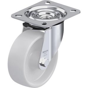 Caster - 4" (101.6 mm), 330 lbs. (150 kg.), Nylon, Swivel, Steel, 1-1/2" (38 mm), 3-1/8" x 2-3/8" (80 mm x 60 mm), 3/8" (9.52 mm), 3-15/16" x 3-3/8" (100 mm x 85 mm), Natural White, Plain Bore