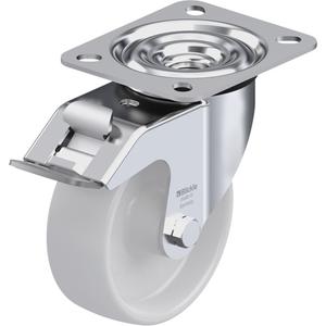 Caster - 4" (101.6 mm), 330 lbs. (150 kg.), Nylon, Swivel with Brake, Steel, 1-1/2" (38 mm), 3-1/8" x 2-3/8" (80 mm x 60 mm), 3/8" (9.52 mm), 3-15/16" x 3-3/8" (100 mm x 85 mm), Natural White, Plain Bore