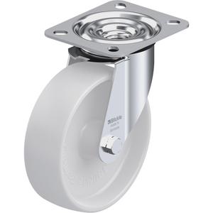 Caster - 5" (127 mm), 330 lbs. (150 kg.), Nylon, Swivel, Steel, 1-9/16" (40 mm), 3-1/8" x 2-3/8" (80 mm x 60 mm), 3/8" (9.52 mm), 3-15/16" x 3-3/8" (100 mm x 85 mm), Natural White, Plain Bore