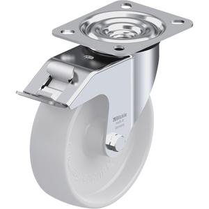 Caster - 5" (127 mm), 330 lbs. (150 kg.), Nylon, Swivel with Brake, Steel, 1-9/16" (40 mm), 3-1/8" x 2-3/8" (80 mm x 60 mm), 3/8" (9.52 mm), 3-15/16" x 3-3/8" (100 mm x 85 mm), Natural White, Plain Bore