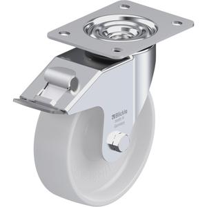 Caster - 6-5/16" (160.3375 mm), 660 lbs. (300 kg.), Nylon, Swivel with Brake, Steel, 2" (50.8 mm), 4-1/8" x 3" (105 mm x 76 mm), 7/16" (11 mm), 5-1/2" x 4-1/3" (140 mm x 110 mm), Natural White, Roller