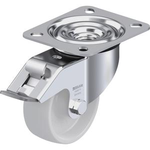 Caster - 3-1/8" (79.5 mm), 330 lbs. (150 kg.), Nylon, Swivel with Brake, Steel, 1-5/16" (33 mm), 3-1/8" x 2-3/8" (80 mm x 60 mm), 3/8" (9.52 mm), 3-15/16" x 3-3/8" (100 mm x 85 mm), Natural White, Plain Bore