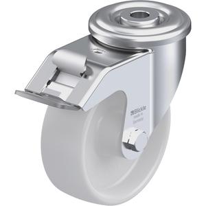 Nylon Caster - 4", 330 lbs. (149.685 kg.), Nylon, Swivel with Brake, Steel, 1-1/2" (38.1 mm), Bolt Hole Fitting, 1/2" (13 mm), 0", Natural White, 2-3/4" (70 mm), Plain Bore, 70° Shore D
