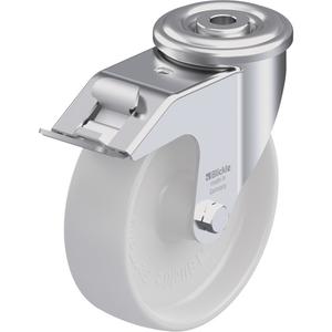 Nylon Caster - 5", 330 lbs. (149.685 kg.), Nylon, Swivel with Brake, Steel, 1-9/16" (39.68 mm), Bolt Hole Fitting, 1/2" (13 mm), 0", Natural White, 2-3/4" (70 mm), Plain Bore, 70° Shore D