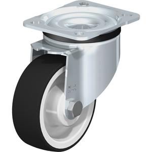 Caster - 4" (101.6 mm), 660 lbs. (300 kg.), Polyurethane, Swivel, Steel, 1-3/8" (35 mm), 3-1/8" x 2-3/8" (80 mm x 60 mm), 3/8" (9.52 mm), 3-15/16" x 3-3/8" (100 mm x 85 mm), Natural White, Roller