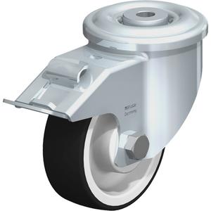 Polyurethane Caster - 4", 660 lbs. (299.371 kg.), Polyurethane, Swivel with Brake, Steel, 1-3/8" (35.88 mm), Bolt Hole Fitting, 1/2" (13 mm), 0", 3-7/16" (88 mm), Natural White, Roller, 94° Shore A