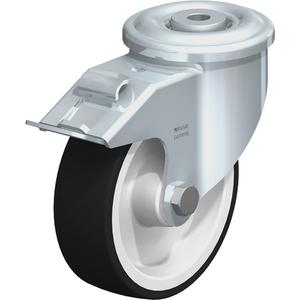 Polyurethane Caster - 5", 770 lbs. (349.266 kg.), Polyurethane, Swivel with Brake, Steel, 1-9/16" (39.68 mm), Bolt Hole Fitting, 1/2" (13 mm), 0", Natural White, 3-7/16" (88 mm), Roller, 94° Shore A