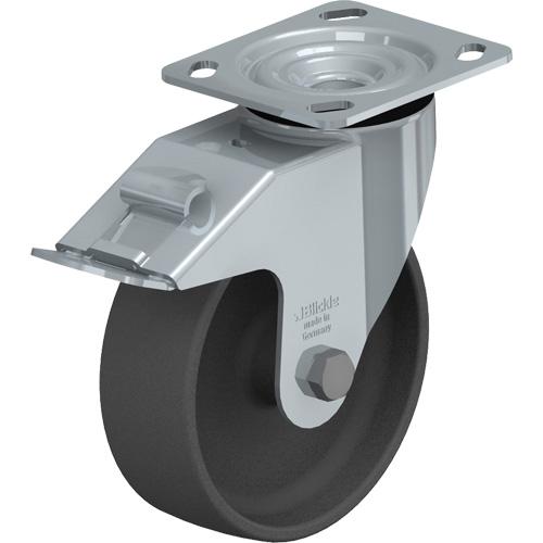 Impact-Resistant Caster - 6" (152.4 mm), 660 lbs. (300 kg.), Nylon, Swivel with Brake, Steel, 2" (50.8 mm), 2-5/8" x 3-5/8" (67 mm x 92 mm) - 3" x 3" (76 mm x 76 mm), 3/8" (9.52 mm), 4" x 4-1/2" (102 mm x 114 mm)