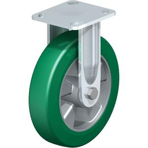 High-Quality Caster - 8" (203.2 mm), 660 lbs. (300 kg.), Polyurethane Elastomer, Rigid, Steel, 2" (50.8 mm), 2-5/8" x 3-5/8" (67 mm x 92 mm) - 3" x 3" (76 mm x 76 mm), 3/8" (9.52 mm), 4" x 4-1/2" (102 mm x 114 mm)