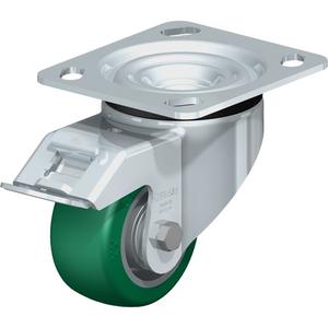 High-Quality Caster - 3-1/8" (79.5 mm), 505 lbs. (230 kg.), Polyurethane Elastomer, Swivel with Brake, Steel, 1-9/16" (40 mm), 2-5/8" x 3-5/8" (67 mm x 92 mm) - 3" x 3" (76 mm x 76 mm), 3/8" (9.52 mm)