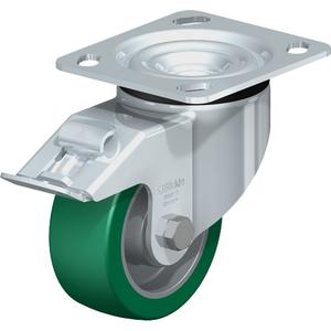 High-Quality Caster - 4" (101.6 mm), 660 lbs. (300 kg.), Polyurethane Elastomer, Swivel with Brake, Steel, 1-9/16" (40 mm), 2-5/8" x 3-5/8" (67 mm x 92 mm) - 3" x 3" (76 mm x 76 mm), 3/8" (9.52 mm), 4" x 4-1/2" (102 mm x 114 mm)