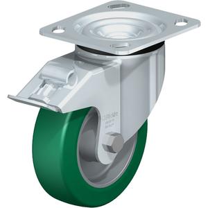 High-Quality Caster - 5" (127 mm), 770 lbs. (349 kg.), Polyurethane Elastomer, Swivel with Brake, Steel, 1-9/16" (40 mm), 2-5/8" x 3-5/8" (67 mm x 92 mm) - 3" x 3" (76 mm x 76 mm), 3/8" (9.52 mm), 4" x 4-1/2" (102 mm x 114 mm)