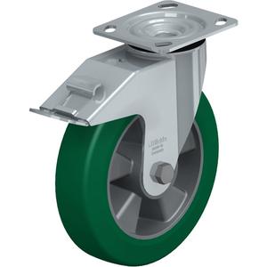 High-QualityCaster - 8" (203.2 mm), 660 lbs. (300 kg.), Polyurethane Elastomer, Swivel with Brake, Steel, 2" (50.8 mm), 2-5/8" x 3-5/8" (67 mm x 92 mm) - 3" x 3" (76 mm x 76 mm), 3/8" (9.52 mm), 4" x 4-1/2" (102 mm x 114 mm)