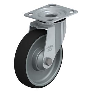 High-Quality Caster - 8" (203.2 mm), 660 lbs. (300 kg.), Thermoplastic Polyurethane, Swivel, Steel, 1-9/16" (40 mm), 2-5/8" x 3-5/8" (67 mm x 92 mm) - 3" x 3" (76 mm x 76 mm), 3/8" (9.52 mm), 4" x 4-1/2" (102 mm x 114 mm)