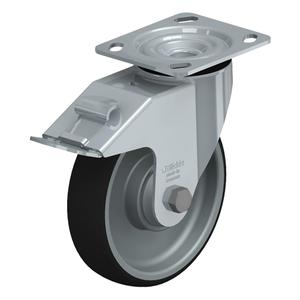 High-Quality Caster - 8" (203.2 mm), 660 lbs. (300 kg.), Thermoplastic Polyurethane, Swivel with Brake, Steel, 1-9/16" (40 mm), 2-5/8" x 3-5/8" (67 mm x 92 mm) - 3" x 3" (76 mm x 76 mm), 3/8" (9.52 mm)