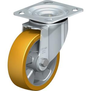 High-Quality Caster - 5" (127 mm), 770 lbs. (349 kg.), Polyurethane Elastomer, Swivel, Steel, 1-9/16" (40 mm), 2-5/8" x 3-5/8" (67 mm x 92 mm) - 3" x 3" (76 mm x 76 mm), 3/8" (9.52 mm), 4" x 4-1/2" (102 mm x 114 mm)