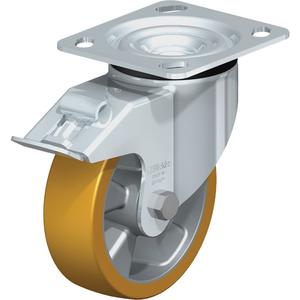 High-Quality Caster - 5" (127 mm), 770 lbs. (349 kg.), Polyurethane Elastomer, Swivel with Brake, Steel, 1-9/16" (40 mm), 2-5/8" x 3-5/8" (67 mm x 92 mm) - 3" x 3" (76 mm x 76 mm), 3/8" (9.52 mm), 4" x 4-1/2" (102 mm x 114 mm)