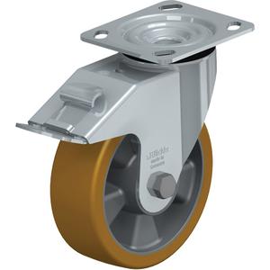 High-Quality Caster - 6" (152.4 mm), 660 lbs. (300 kg.), Polyurethane Elastomer, Swivel with Brake, Steel, 2" (50.8 mm), 2-5/8" x 3-5/8" (67 mm x 92 mm) - 3" x 3" (76 mm x 76 mm), 3/8" (9.52 mm), 4" x 4-1/2" (102 mm x 114 mm)