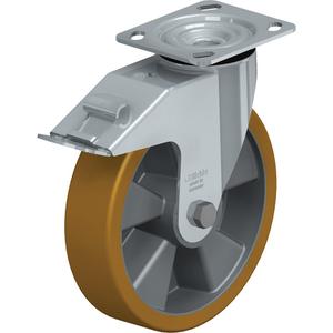 High-Quality Caster - 8" (203.2 mm), 660 lbs. (300 kg.), Polyurethane Elastomer, Swivel with Brake, Steel, 2" (50.8 mm), 2-5/8" x 3-5/8" (67 mm x 92 mm) - 3" x 3" (76 mm x 76 mm), 3/8" (9.52 mm), 4" x 4-1/2" (102 mm x 114 mm)