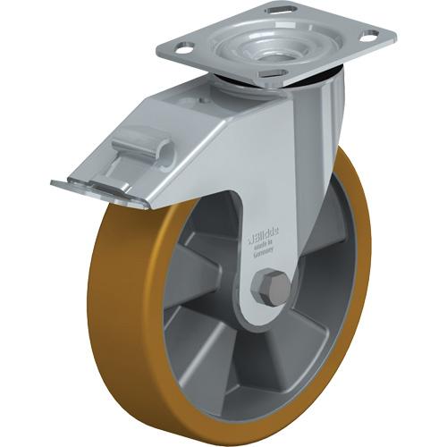 High-Quality Caster - 8" (203.2 mm), 660 lbs. (300 kg.), Polyurethane Elastomer, Swivel with Brake, Steel, 2" (50.8 mm), 2-5/8" x 3-5/8" (67 mm x 92 mm) - 3" x 3" (76 mm x 76 mm), 3/8" (9.52 mm), 4" x 4-1/2" (102 mm x 114 mm)