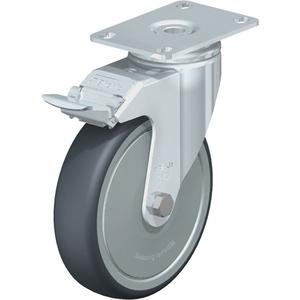 High-Quality Caster - 5" (127 mm), 265 lbs. (120 kg.), Thermoplastic Rubber-Elastomer, Swivel with Brake, Steel, 1-1/4" (31.75 mm), 1-3/4" x 2-13/16" (44 mm x 71 mm) - 1-3/4" x 3-1/16" (44 mm 78 mm), 5/16" (7.93 mm)