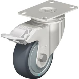 Caster - 3-1/8" (79.5 mm), 220 lbs. (100 kg.), Thermoplastic Rubber-Elastomer, Swivel with Brake, Stainless Steel, 1-1/4" (31.75 mm), 1-3/4" x 2-13/16" (44 mm x 71 mm) - 1-3/4" x 3-1/16" (44 mm 78 mm)