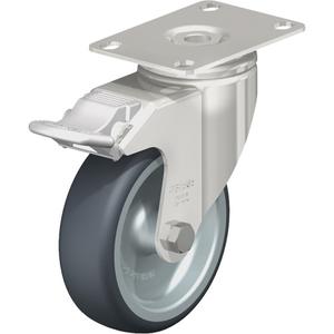 Caster - 4" (101.6 mm), 240 lbs. (108 kg.), Thermoplastic Rubber-Elastomer, Swivel with Brake, Stainless Steel, 1-1/4" (31.75 mm), 1-3/4" x 2-13/16" (44 mm x 71 mm) - 1-3/4" x 3-1/16" (44 mm 78 mm), 5/16" (7.93 mm)