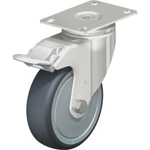 Caster - 4" (101.6 mm), 240 lbs. (108 kg.), Thermoplastic Rubber-Elastomer, Swivel with Brake, Stainless Steel, 1-1/4" (31.75 mm), 1-3/4" x 2-13/16" (44 mm x 71 mm) - 1-3/4" x 3-1/16" (44 mm 78 mm), 5/16" (7.93 mm)