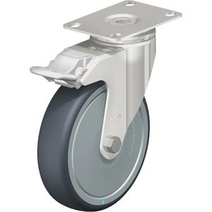 Caster - 5" (127 mm), 265 lbs. (120 kg.), Thermoplastic Rubber-Elastomer, Swivel with Brake, Stainless Steel, 1-1/4" (31.75 mm), 1-3/4" x 2-13/16" (44 mm x 71 mm) - 1-3/4" x 3-1/16" (44 mm 78 mm), 5/16" (7.93 mm)