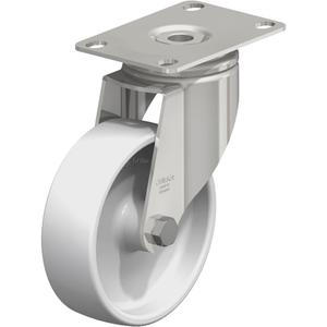 Caster - 4" (101.6 mm), 265 lbs. (120 kg.), Nylon, Swivel, Stainless Steel, 1-1/4" (31.75 mm), 1-3/4" x 2-13/16" (44 mm x 71 mm) - 1-3/4" x 3-1/16" (44 mm 78 mm), 5/16" (7.93 mm), 2-1/2" x 3-5/8" (64 mm x 92 mm)