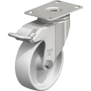 Caster - 4" (101.6 mm), 265 lbs. (120 kg.), Nylon, Swivel with Brake, Stainless Steel, 1-1/4" (31.75 mm), 1-3/4" x 2-13/16" (44 mm x 71 mm) - 1-3/4" x 3-1/16" (44 mm 78 mm), 5/16" (7.93 mm), 2-1/2" x 3-5/8" (64 mm x 92 mm)